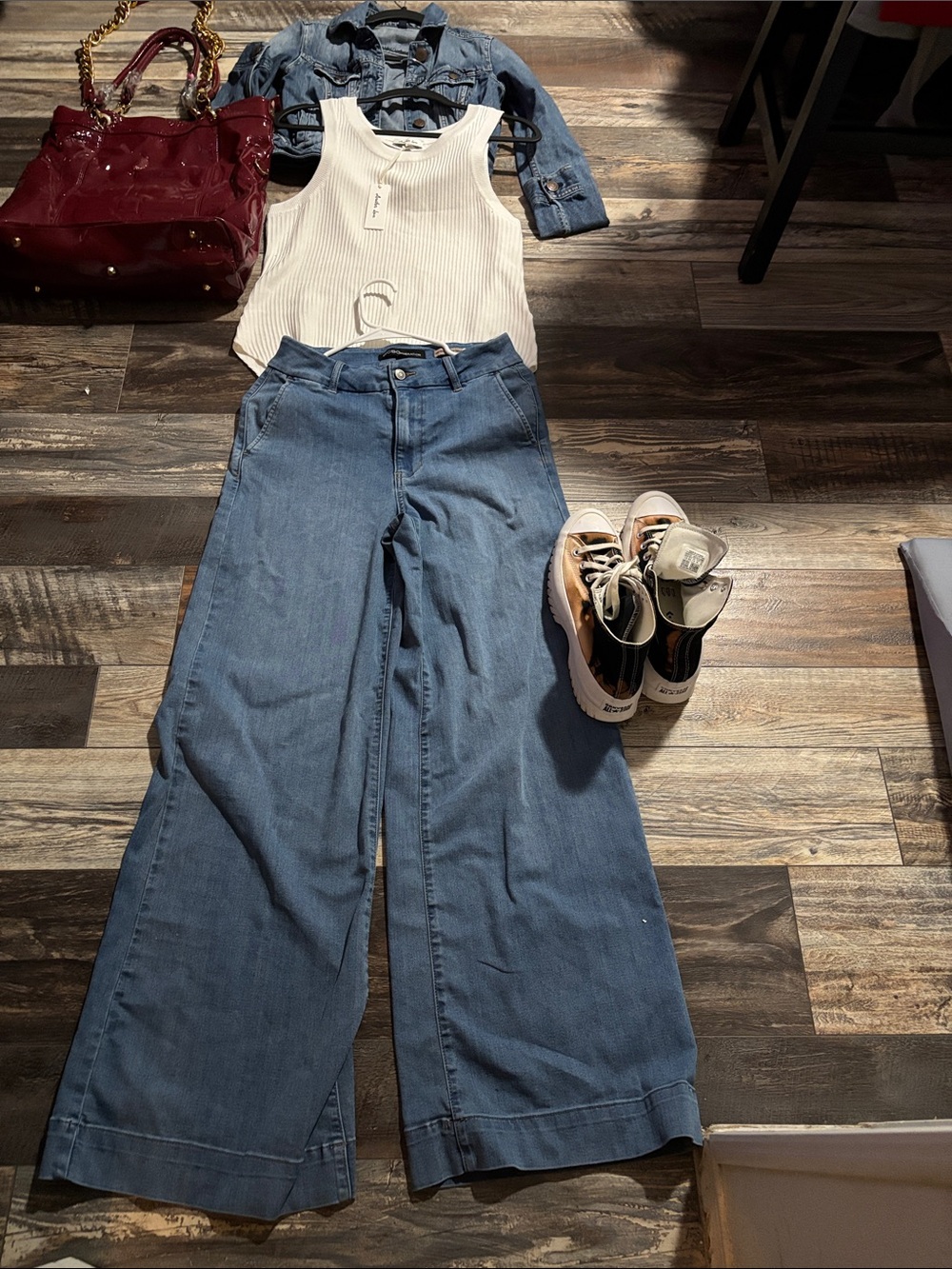 High-Rise Wide Leg Jeans in Medium Blue Denim. Bundle of four items.
